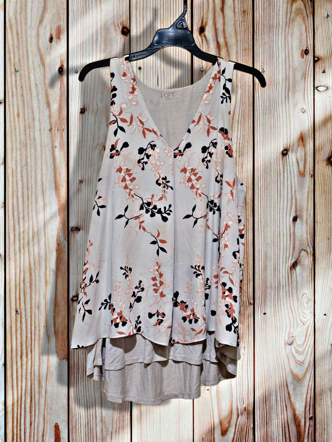LOFT Top Largr Gray with floral pattern in black, peach, and white