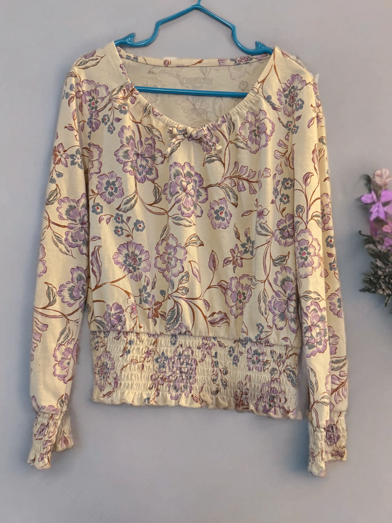 Unknown Girls Top 7/8 Cream with purple and gray floral print